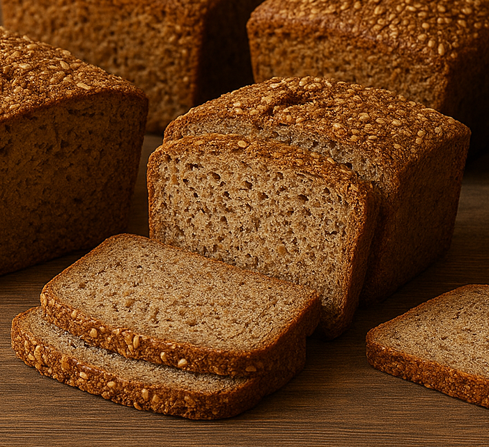 Ein Laib frisches Vollkornbrot auf einem Holztisch. Einige Brotscheiben abgeschnitten